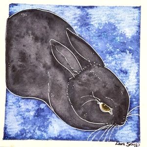 Original art: Black Bunny watercolor with real minerals that glitters art ooak